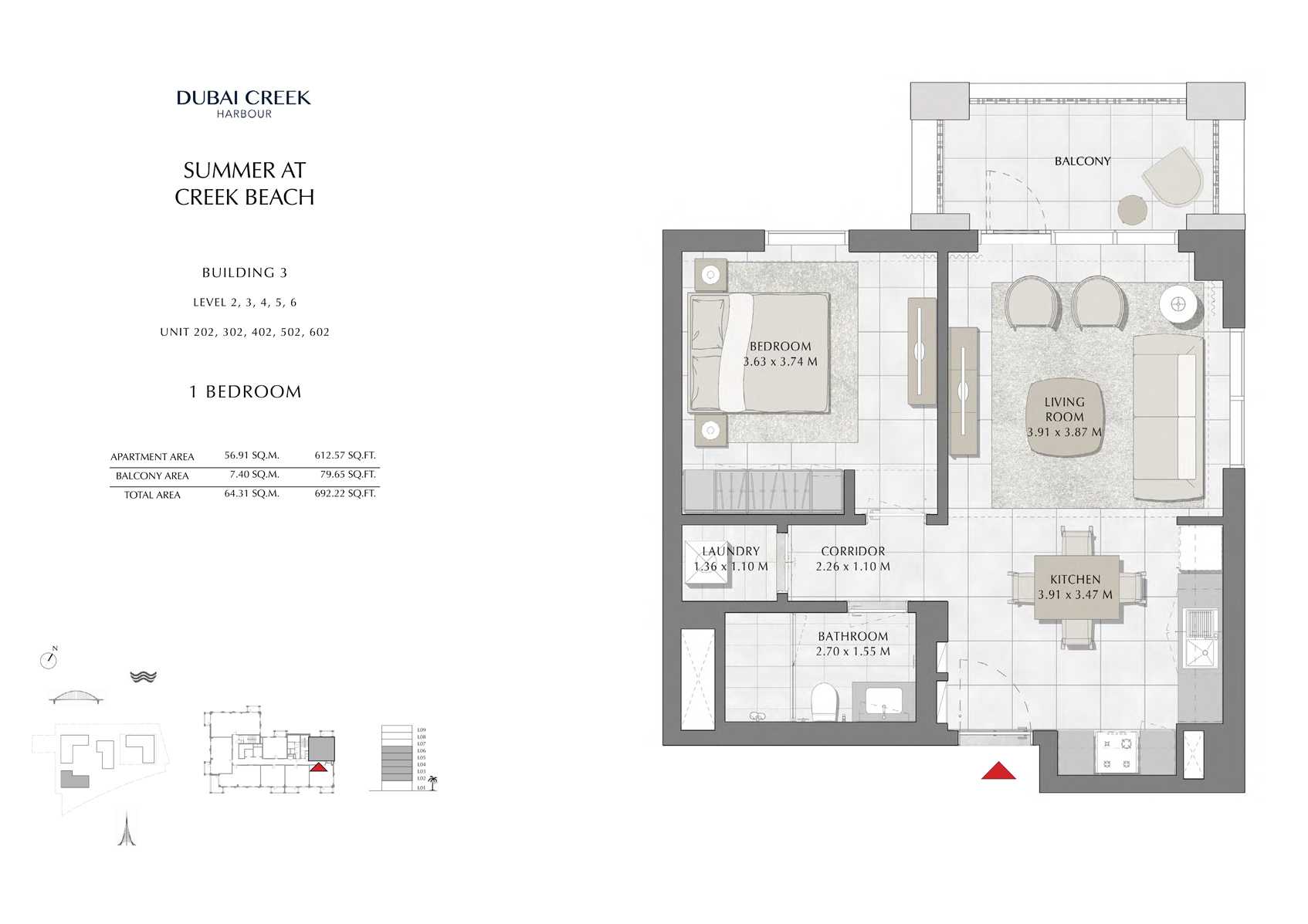 1 Br Building 3 Level-2-3-4-5-6 Unit-202-302-402-502-602, Size 692 Sq Ft